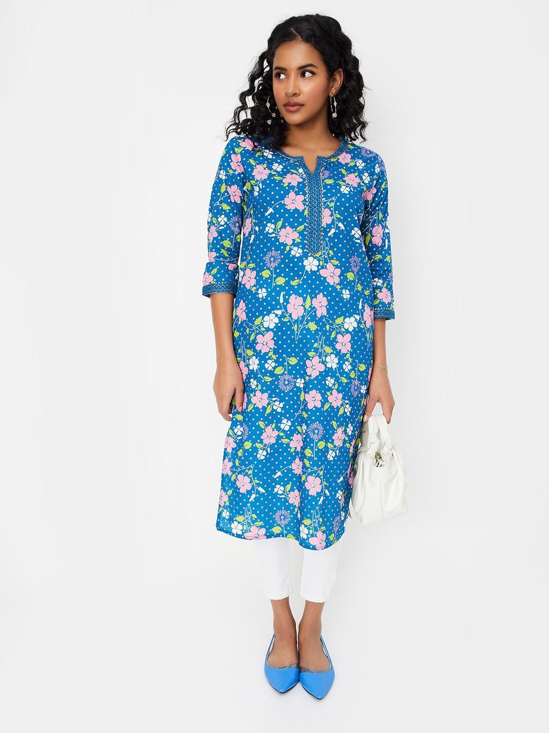 

max Floral Printed Notched Neck Three-Quarter Sleeves Kurta, Blue