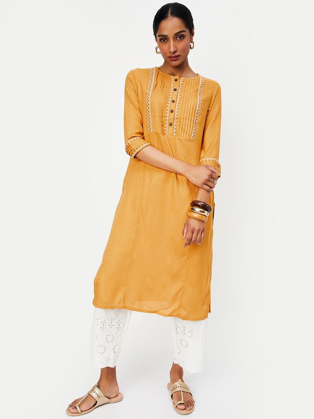 

max WomenThread Work Knee length Woven Design A-Line Kurta, Yellow