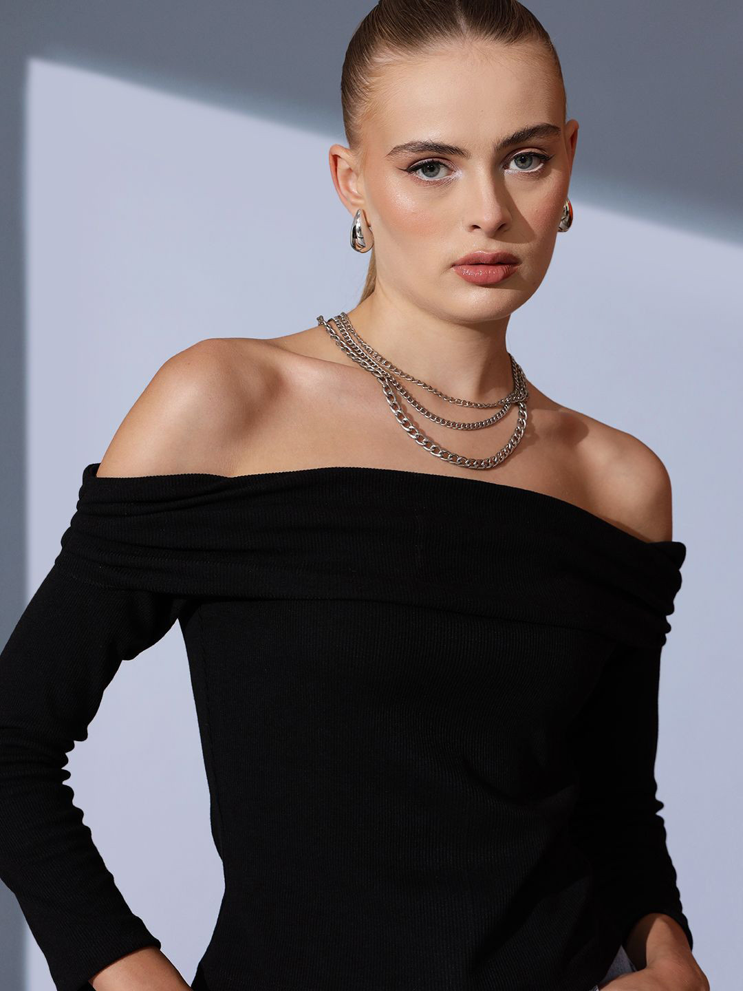 

STREET 9 Off-Shoulder Solid Bardot Top, Black