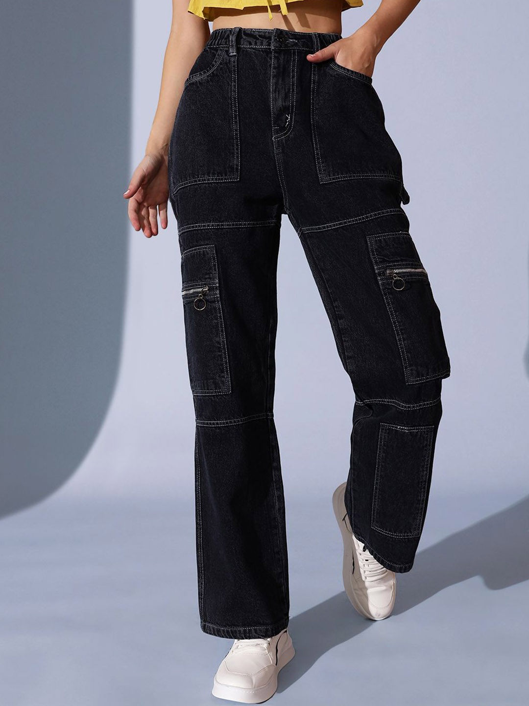 

STREET 9 Women Comfort Relaxed Fit High-Rise Low Distress Jeans, Black