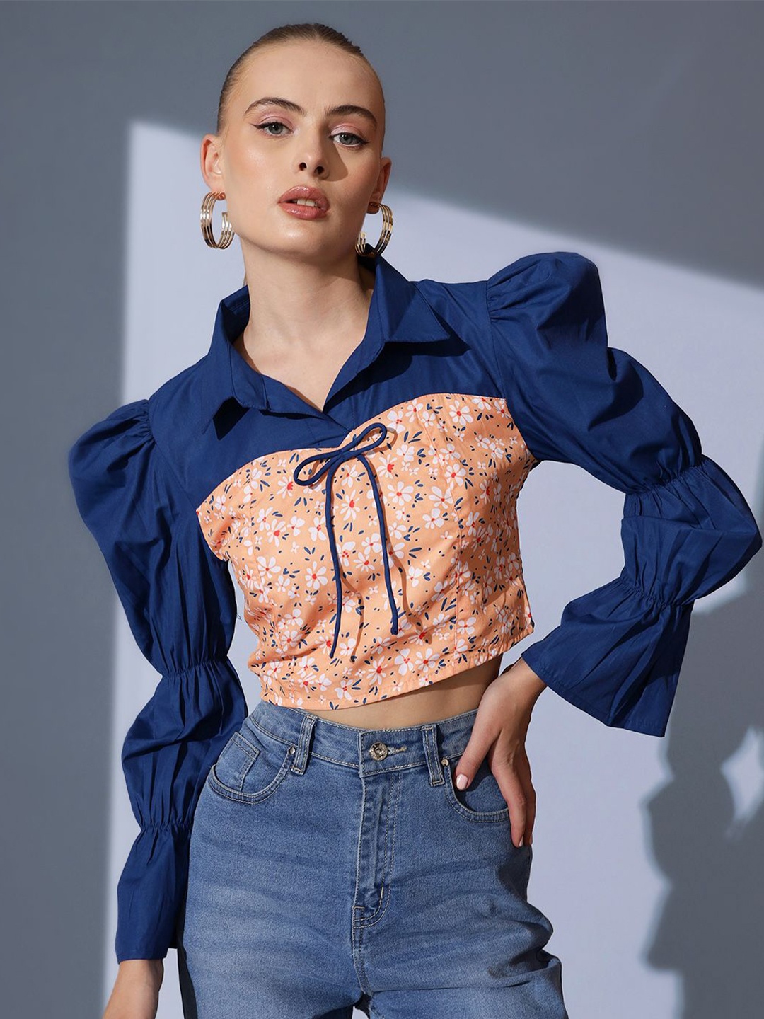 

STREET 9 Shirt Collar Floral Printed Crepe Crop Top, Blue