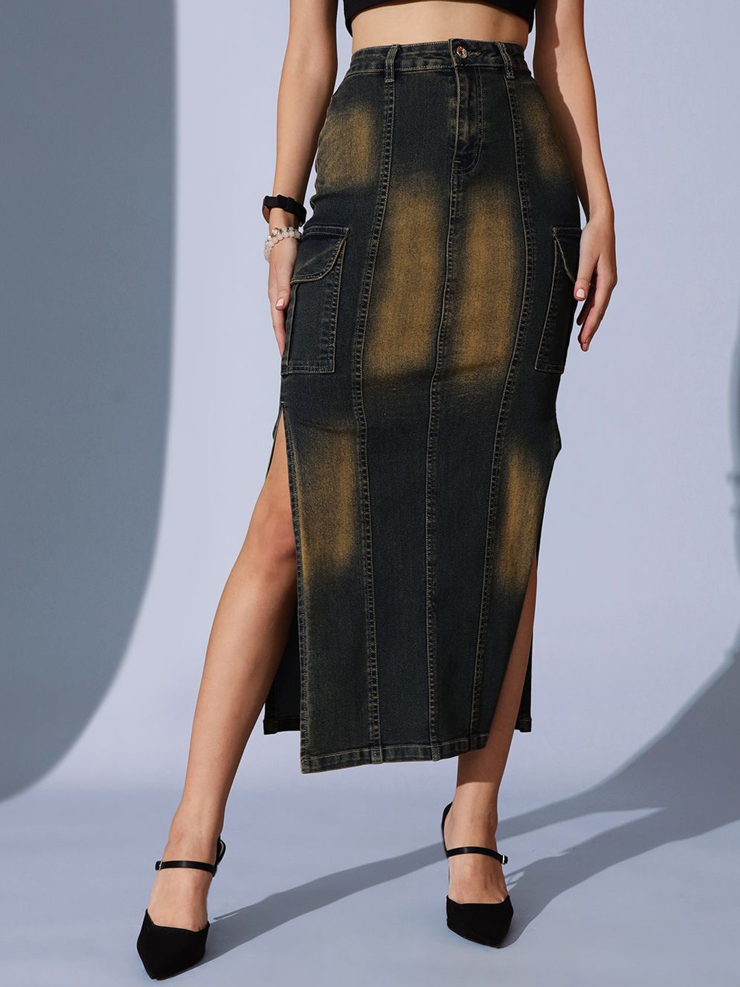 

STREET 9 Dyed A-Line Midi Skirt, Black