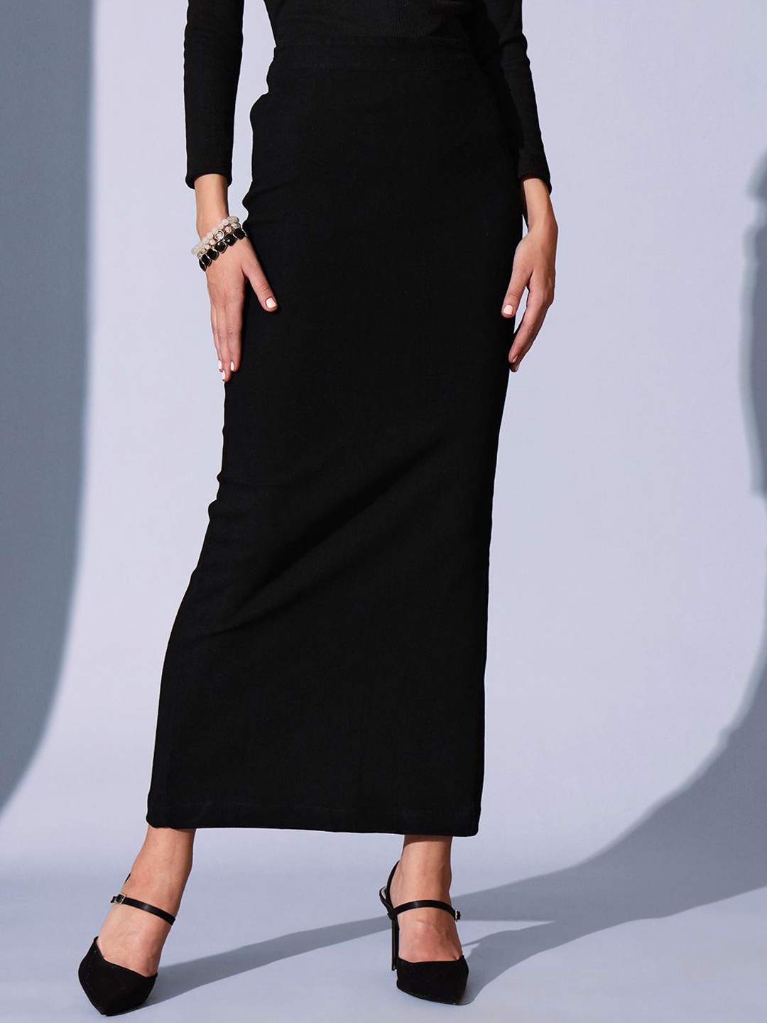 

STREET 9 BASICS Woven Design Straight Maxi Denim Skirt, Black