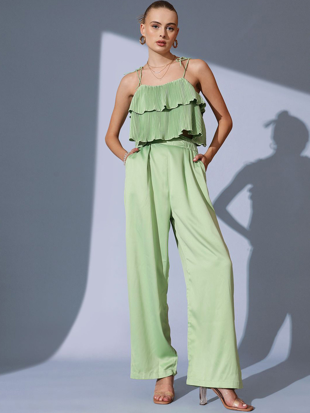 

STREET 9 Pleated Shoulder Strap Top With Trouser Co-Ords, Green