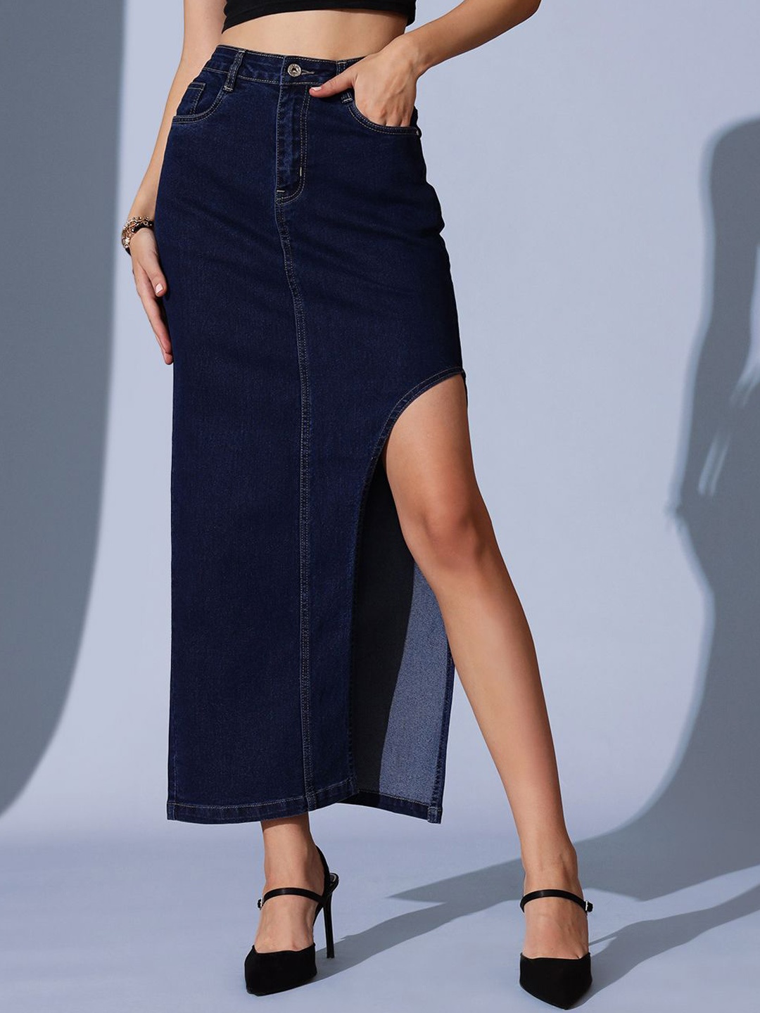 

STREET 9 Flared Maxi Denim Slit Skirt, Blue