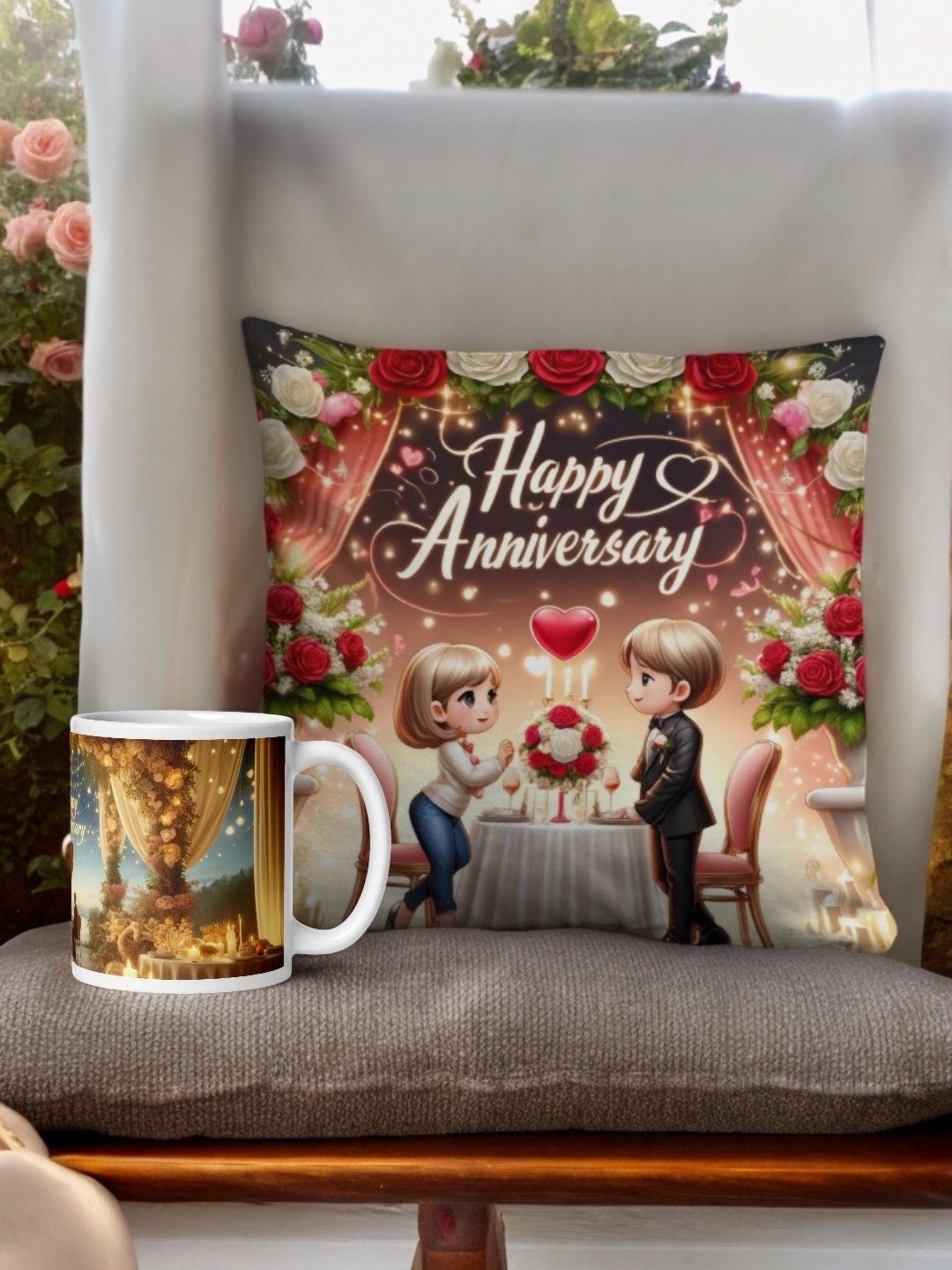 

bettergiftflowers 2-Pcs White & Red Printed Cushion Mug Combo