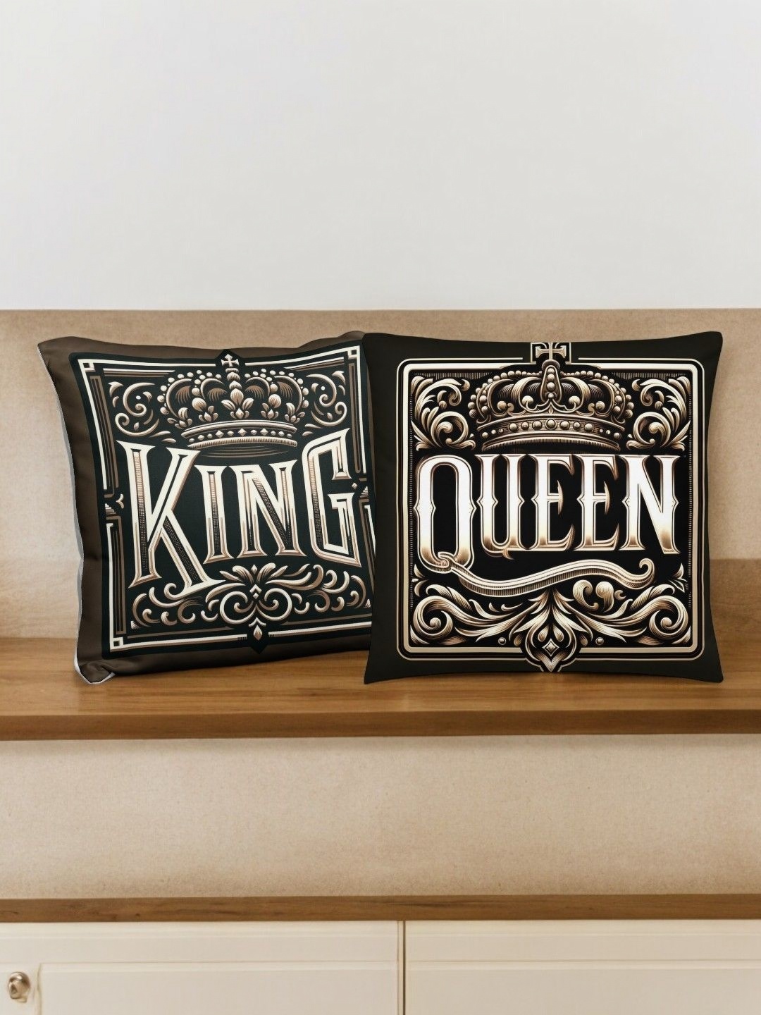 

bettergiftflowers 2 Pcs Black Printed King & Queen Prefilled Cushions