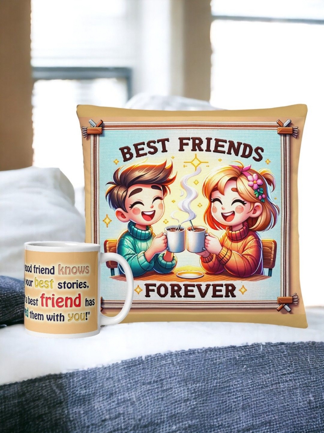 

bettergiftflowers Beige & Blue Printed Best Friends Forever Cushion Mug Home Gift Set