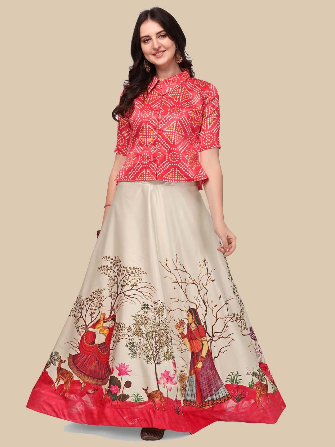 

Kaizen TEXO FAB Printed Satin Semi-Stitched Lehenga & Unstitched Blouse, Red