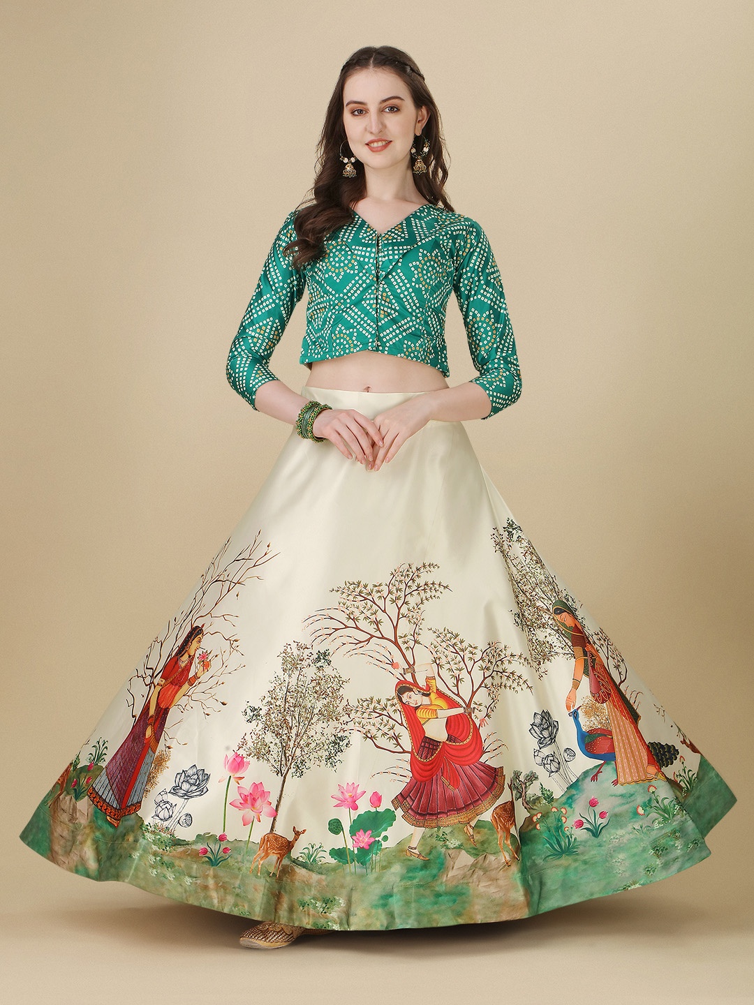 

Kaizen TEXO FAB Printed Satin Semi-Stitched Lehenga & Unstitched Blouse, Green