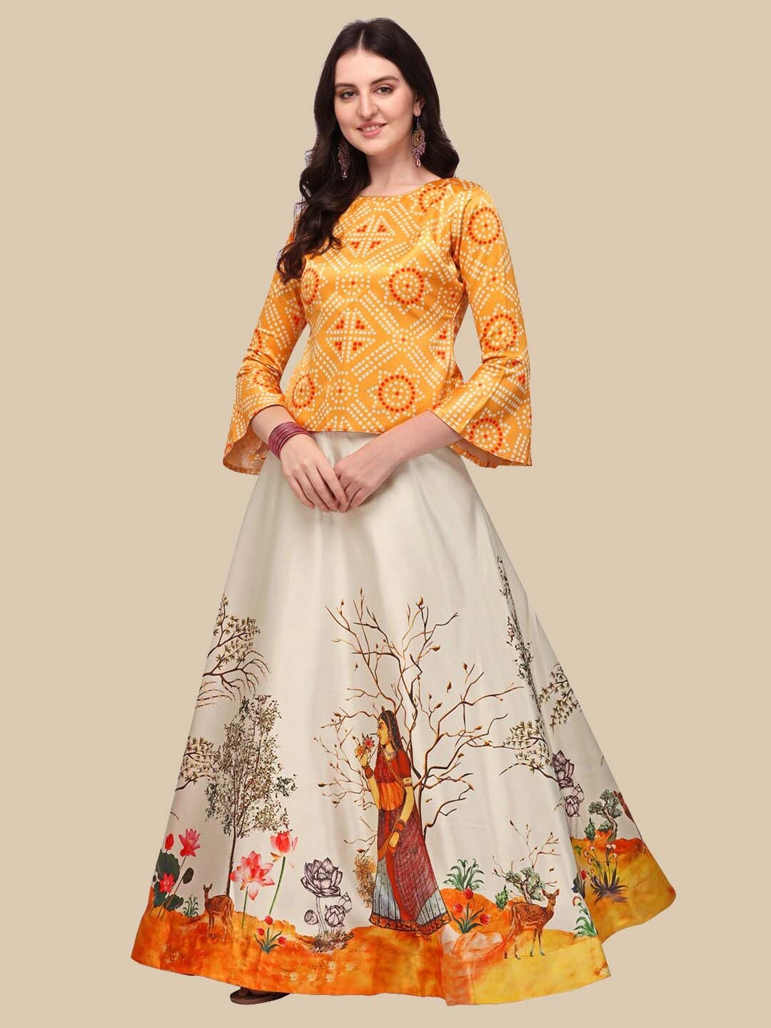 

Kaizen TEXO FAB Printed Satin Semi-Stitched Lehenga & Unstitched Blouse, Yellow