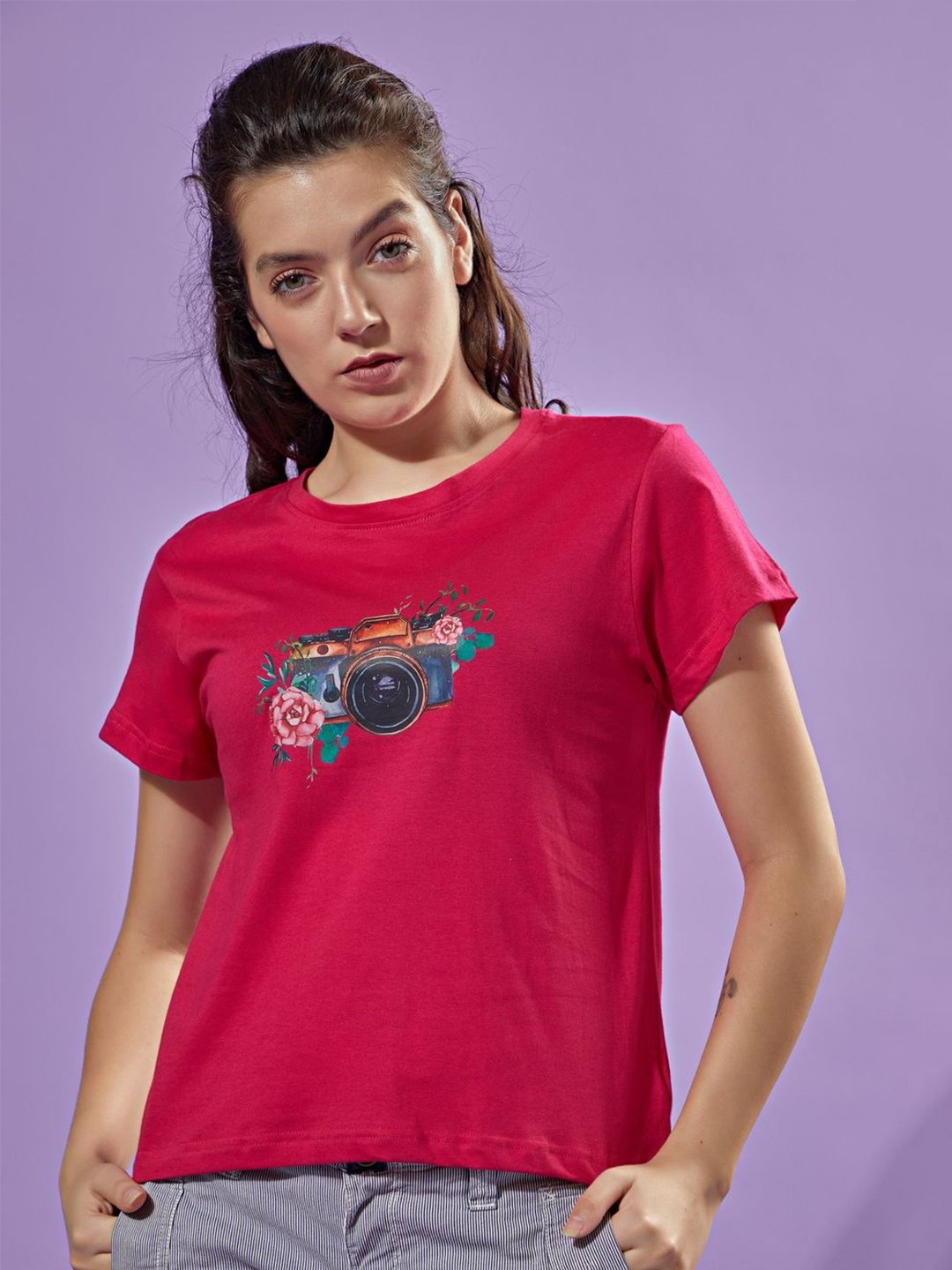 

STHULAS Women Graphic Printed Round Neck Cotton T-shirt, Pink