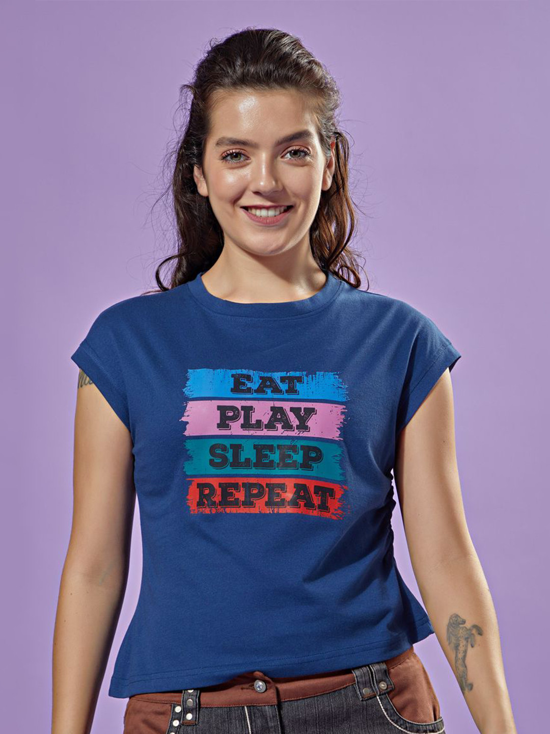 

STHULAS Women Typography Printed Crop T-shirt, Blue