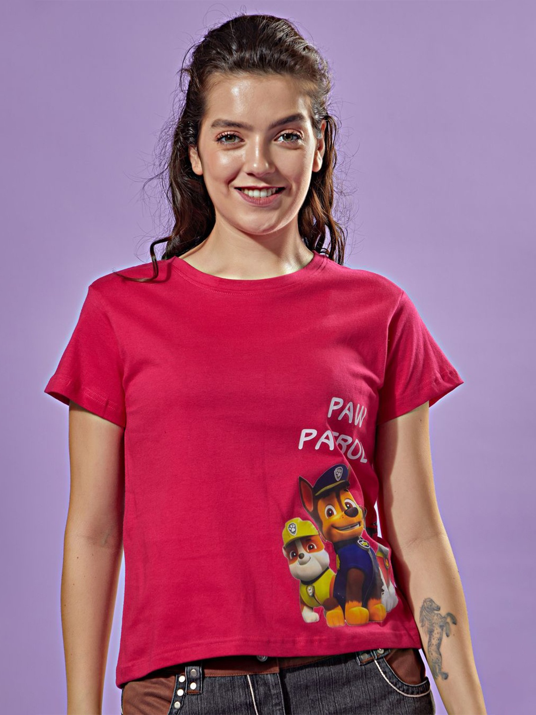 

STHULAS Women Round Neck Paw Patrol Printed T-shirt, Pink