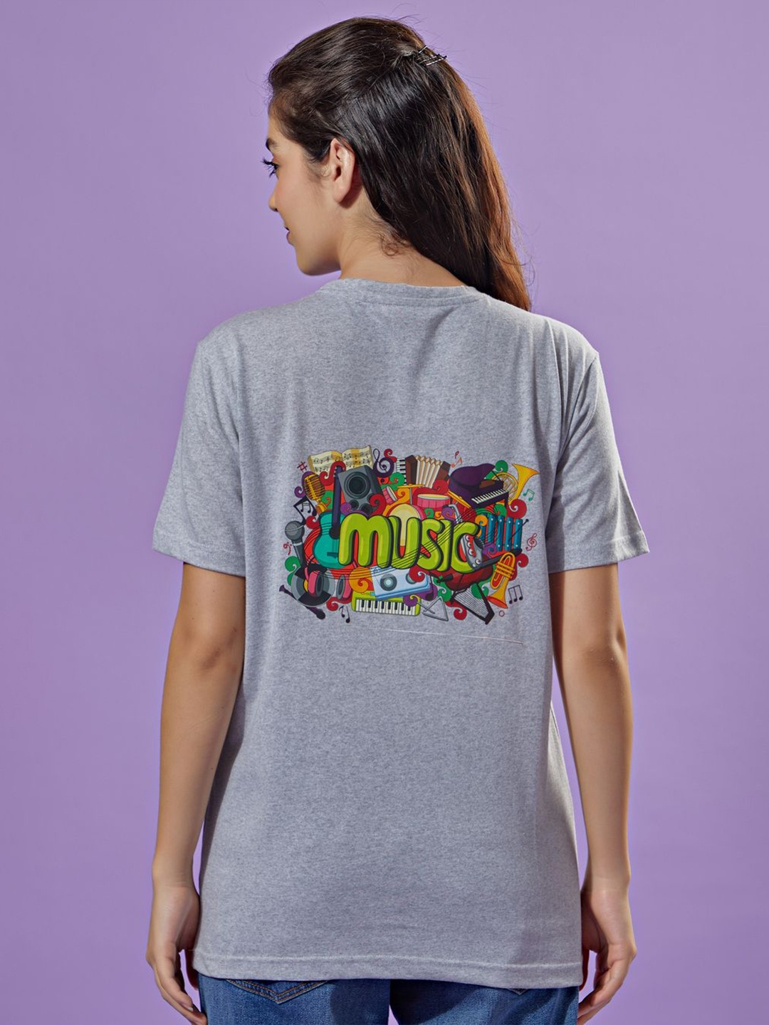 

STHULAS Women Graphic Printed Applique Cotton T-shirt, Grey