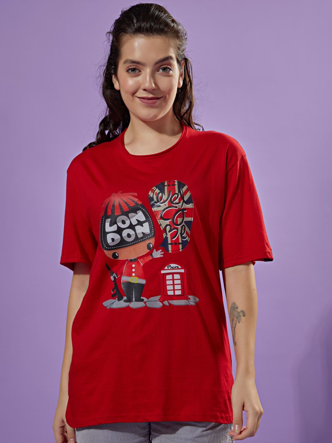 

STHULAS Women Graphic Printed Round Neck Cotton T-shirt, Red