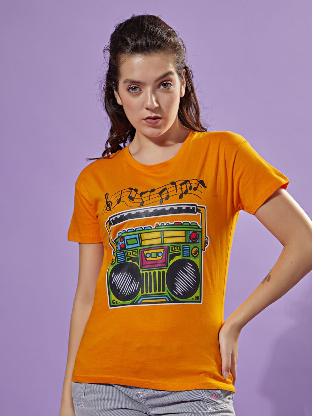 

STHULAS Women Round Neck Printed Cotton T-shirt, Yellow