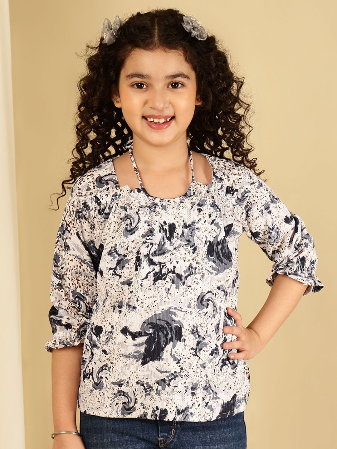 

BAESD Girls Floral Printed Tie-Up Neck Top, Navy blue
