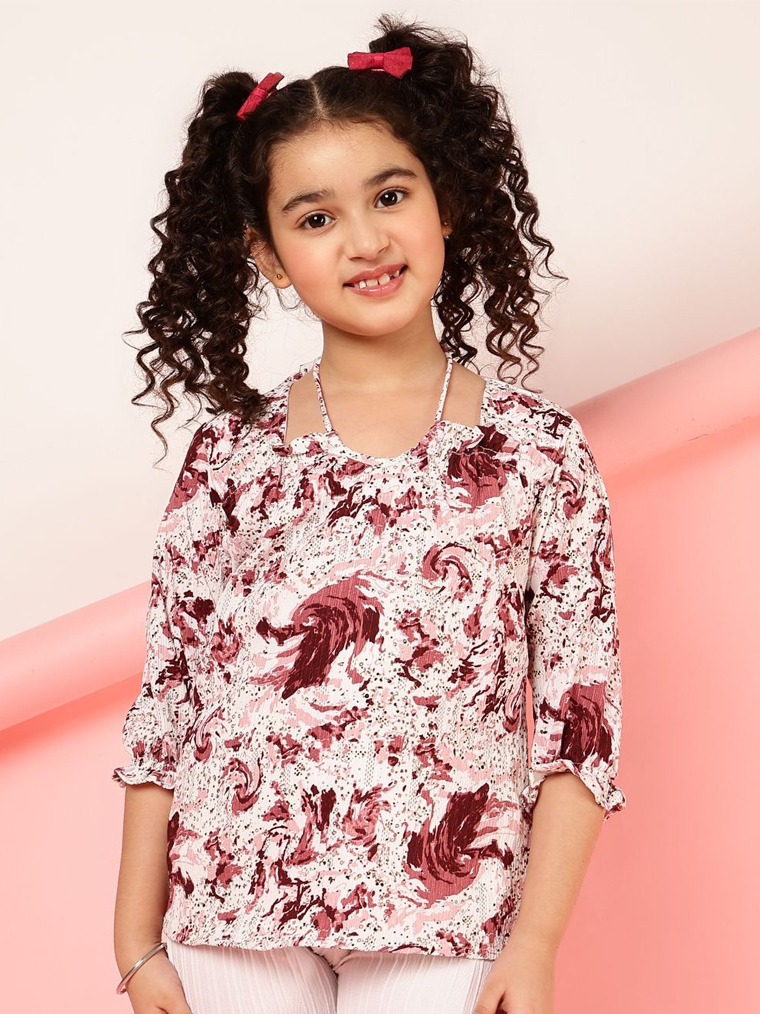 

BAESD Girls Tie-Up Neck Floral Printed Top, Maroon