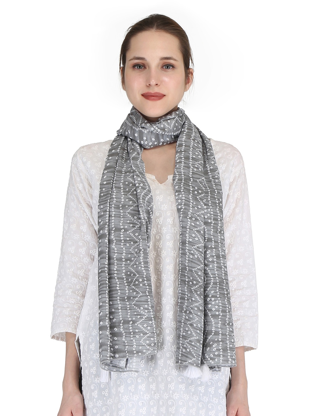 

Switchon Bandhani Printed Scarves With Tasselled Border, Grey