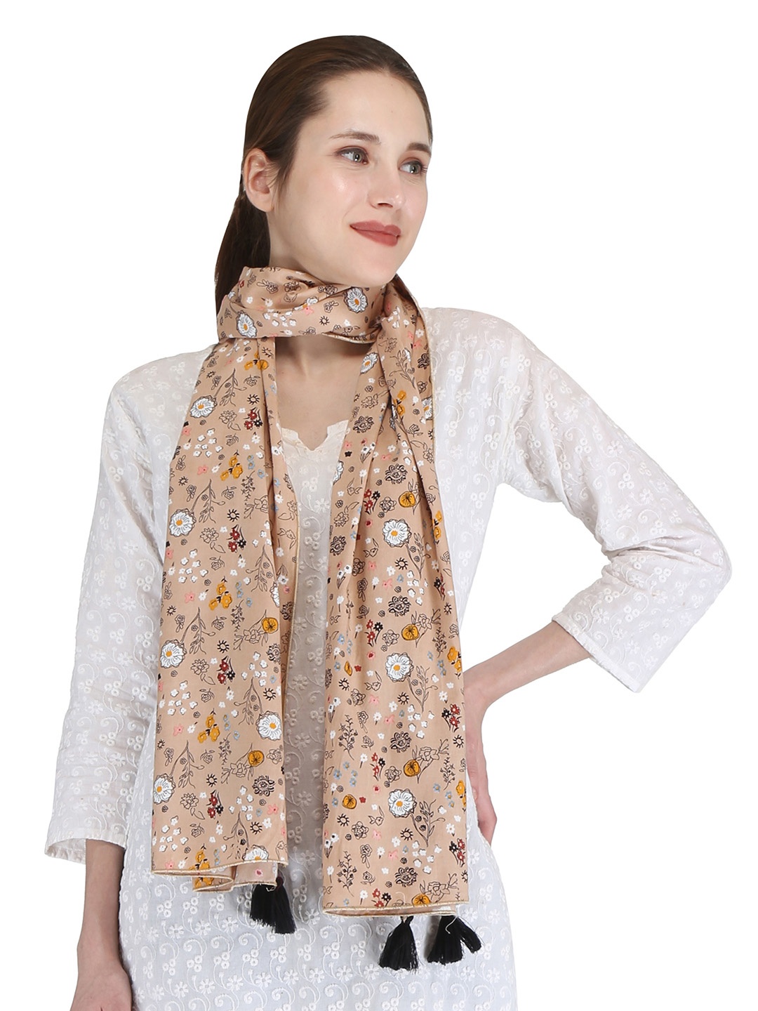 

SWITCHON Floral Printed Scarves With Tasselled Border, Brown