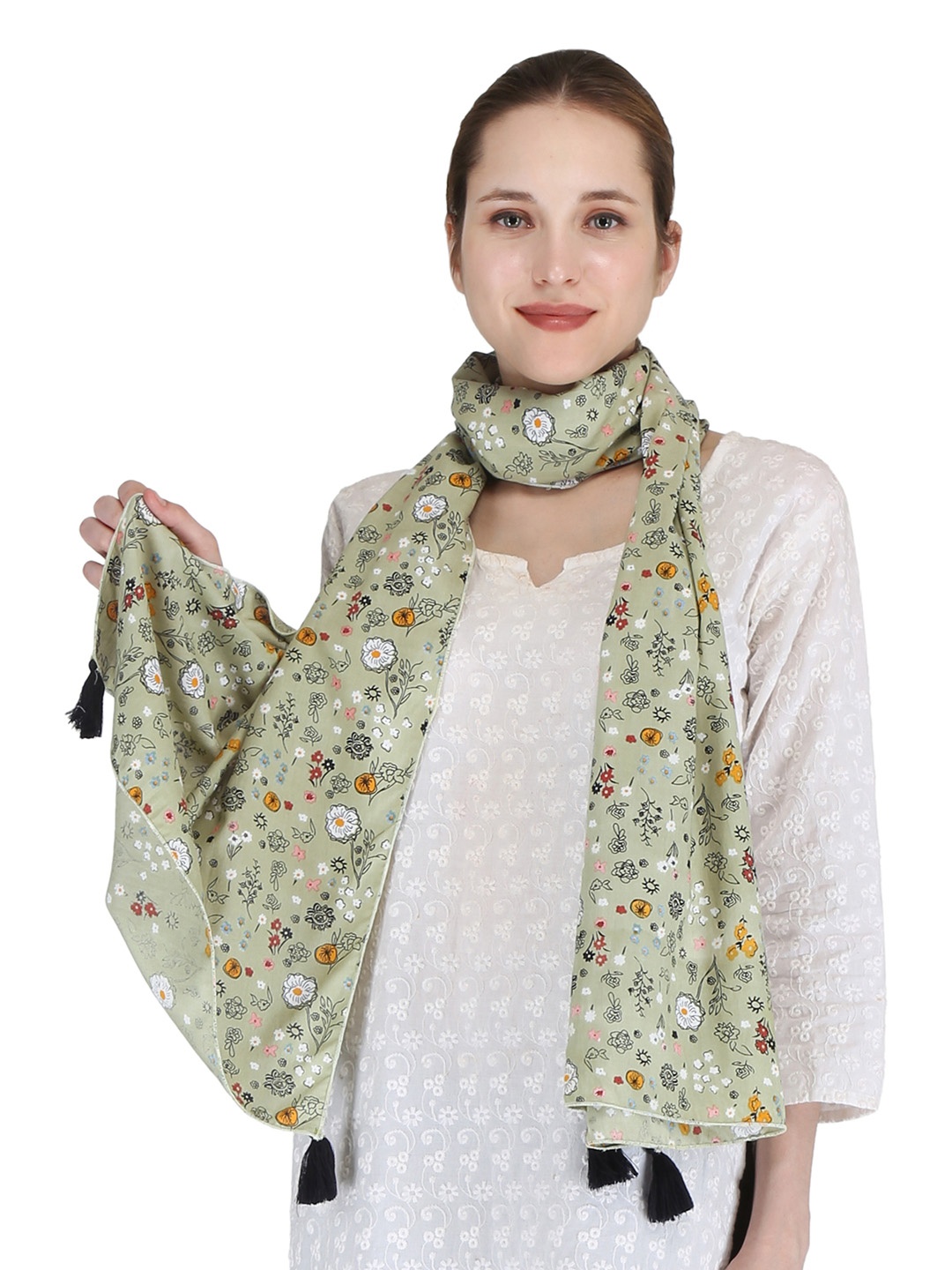

SWITCHON Floral Printed Scarves With Tasselled Border, Green