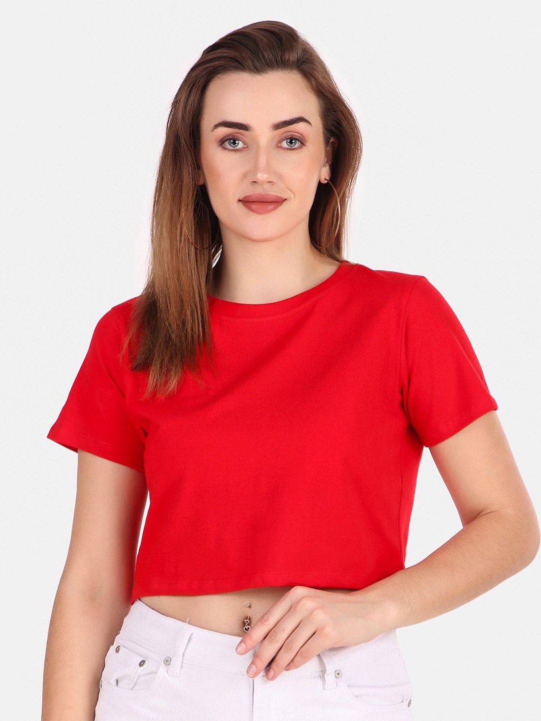 

BAESD Women Cherry Red Round Neck Solid Crop T-shirt