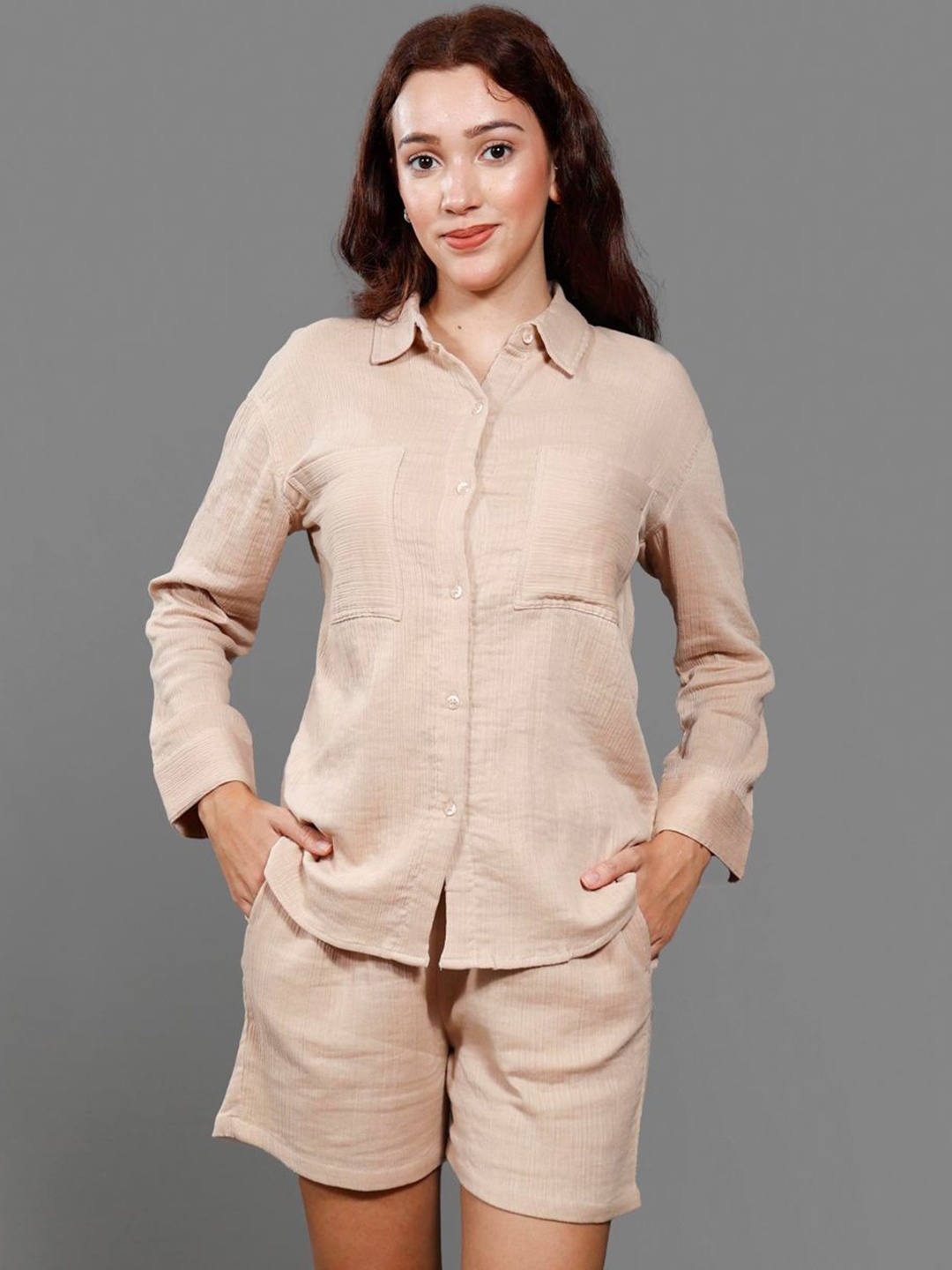 

The Roadster Lifestyle Co Pure Cotton Shirt With Shorts Co-Ords, Beige