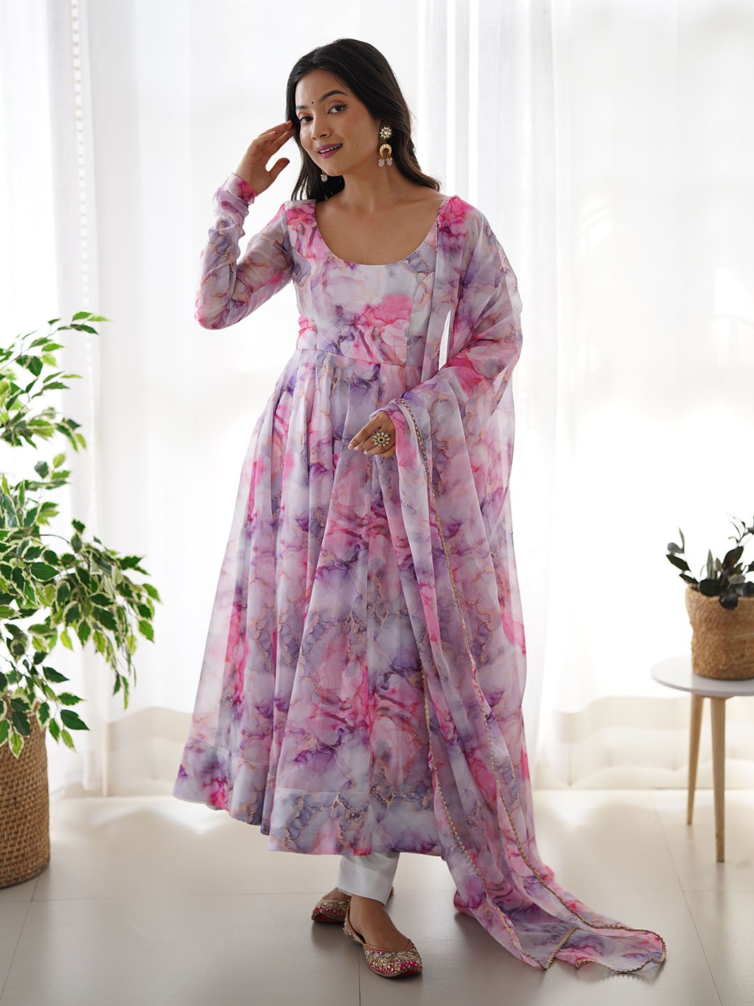 

LABELKBBRAND Abstract Printed Organza Anarkali Kurta With Trousers & Dupatta, Pink