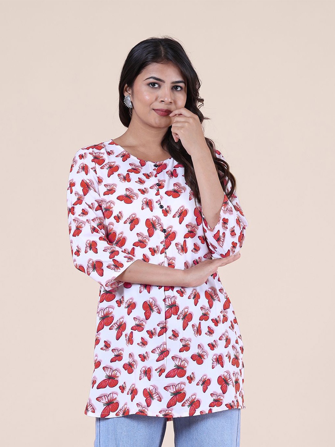 

HERE&NOW Floral Printed Round Neck Kurti, White