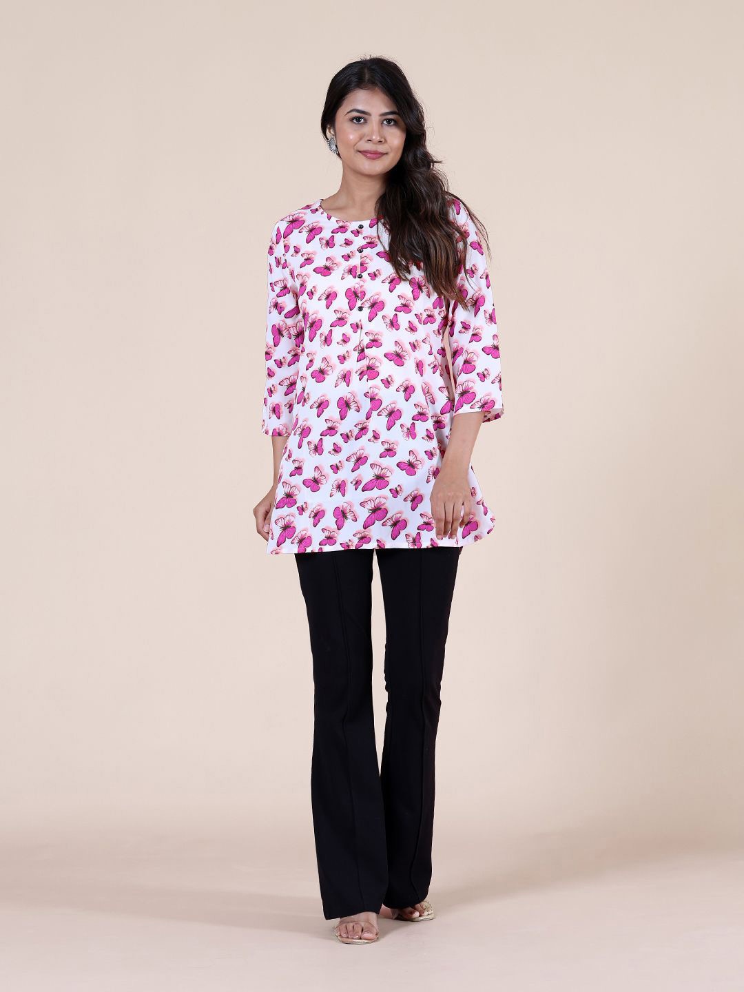 

HERE&NOW Round Neck Printed Kurti, White