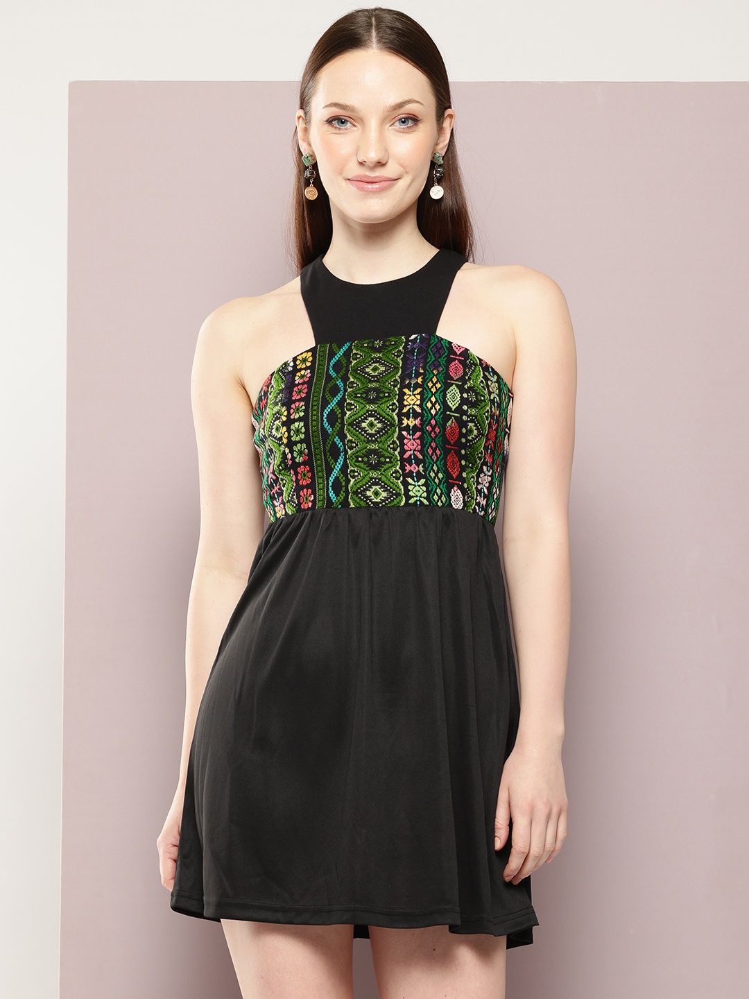 

aaliya Embroidered Fit & Flare Mini Dress, Black