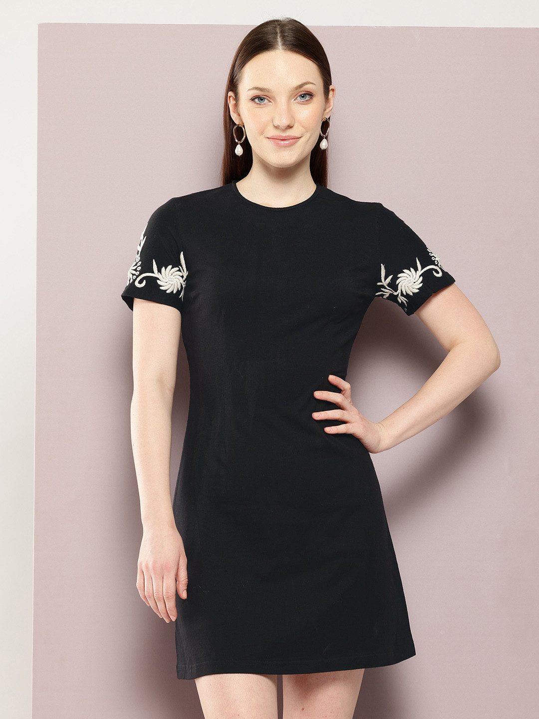 

aaliya A-Line Mini Dress With Embroidered Detail, Black
