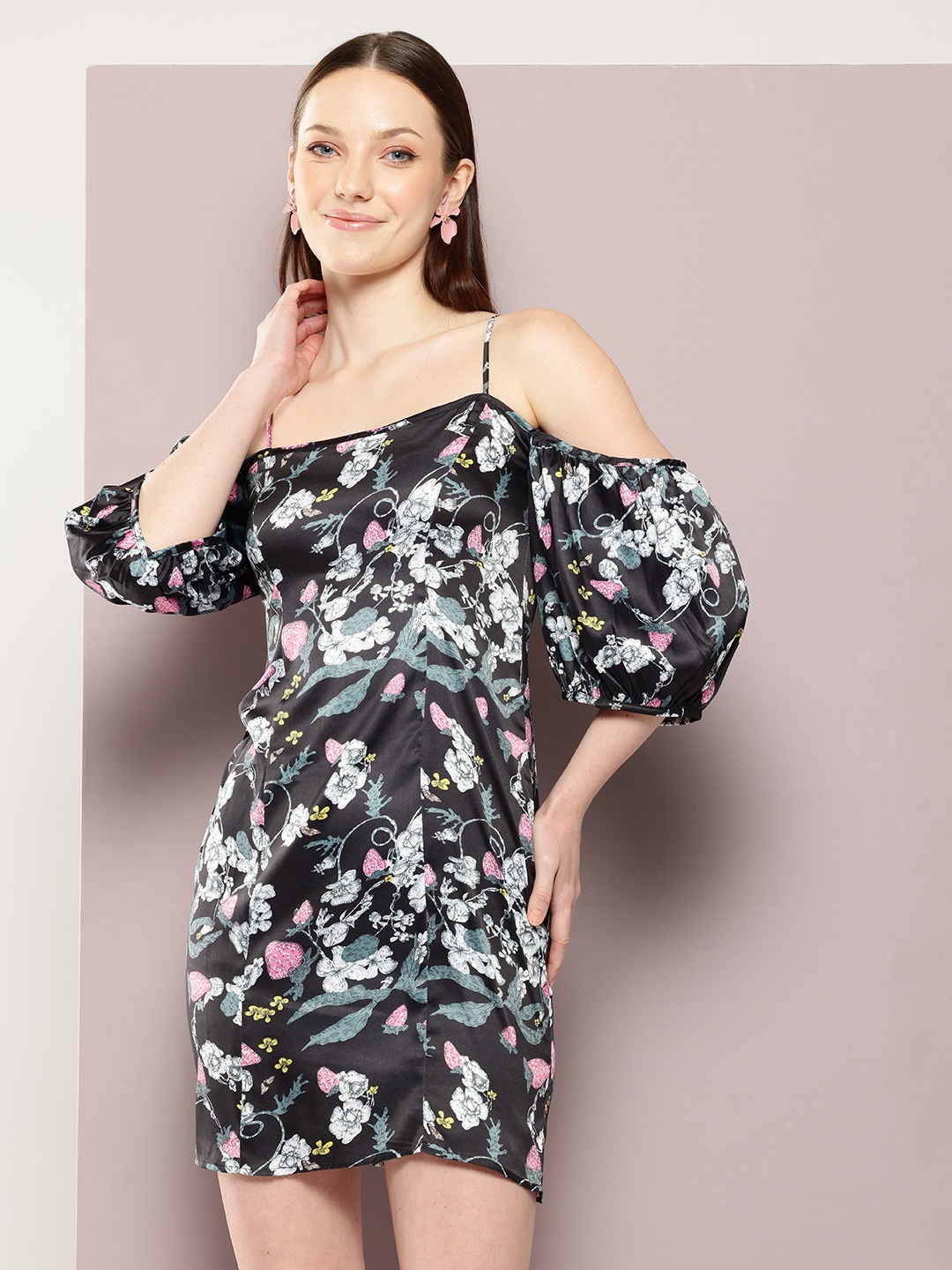 

aaliya Floral Print Puff Sleeves Satin A-Line Mini Dress, Black