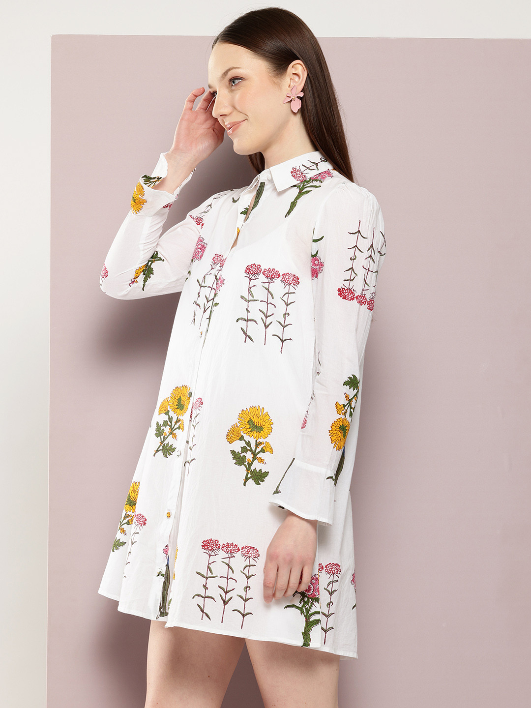 

aaliya Floral Print Bell Sleeves A-Line Mini Dress, White