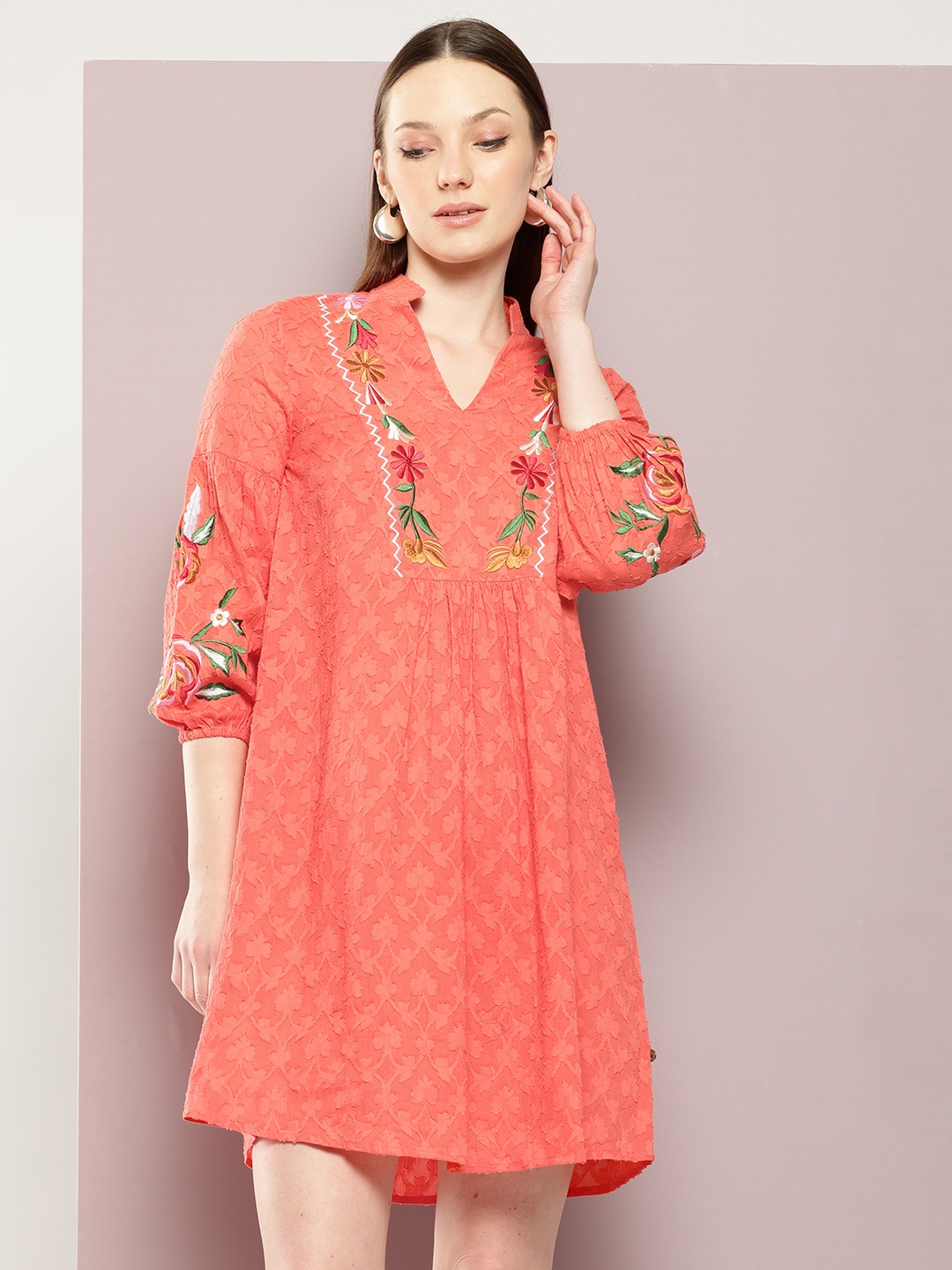 

aaliya Floral Puff Sleeves Jacquard A-Line Mini Dress, Orange