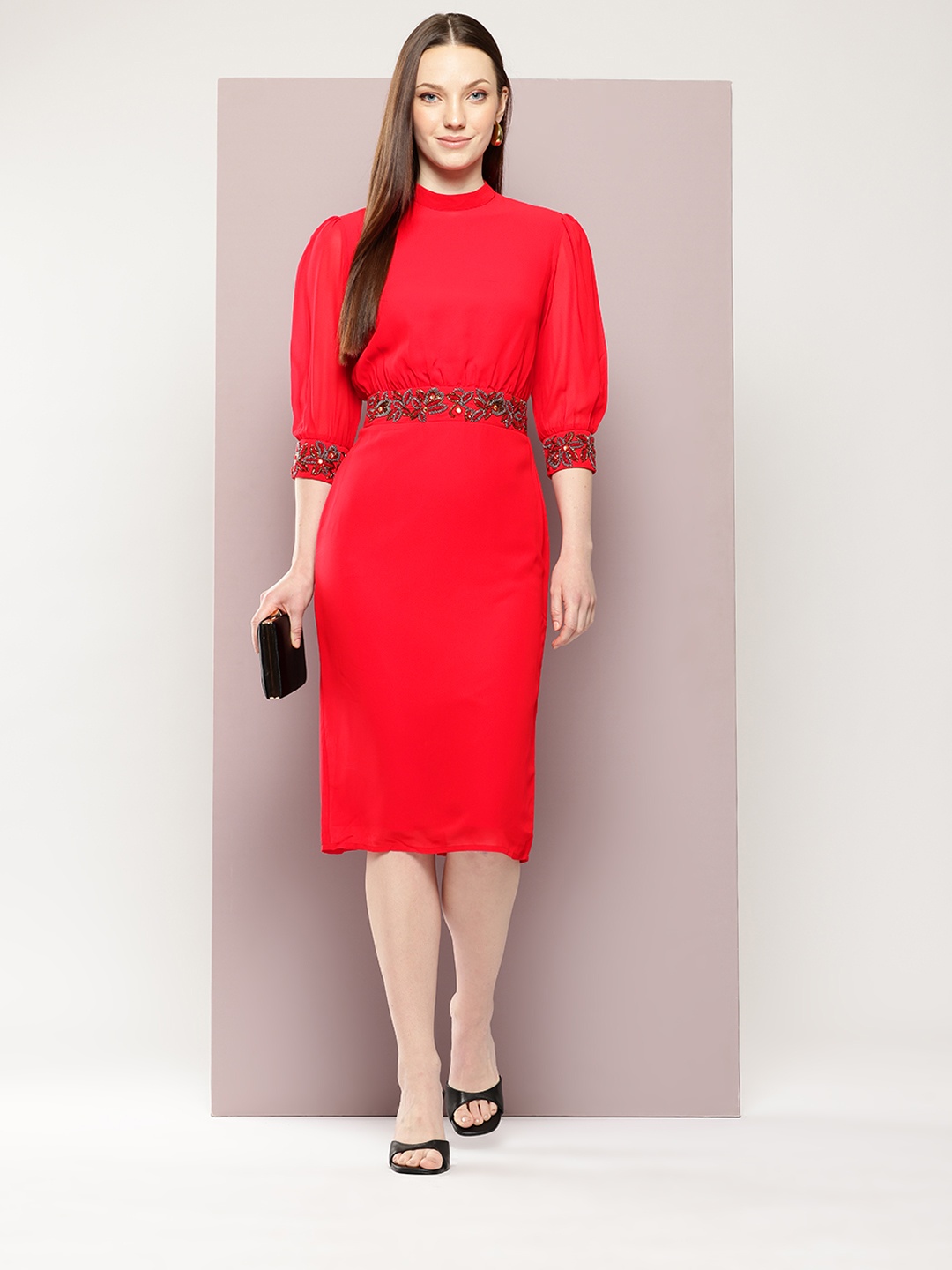 

aaliya Embellished Puff Sleeves Georgette Bodycon Dress, Red