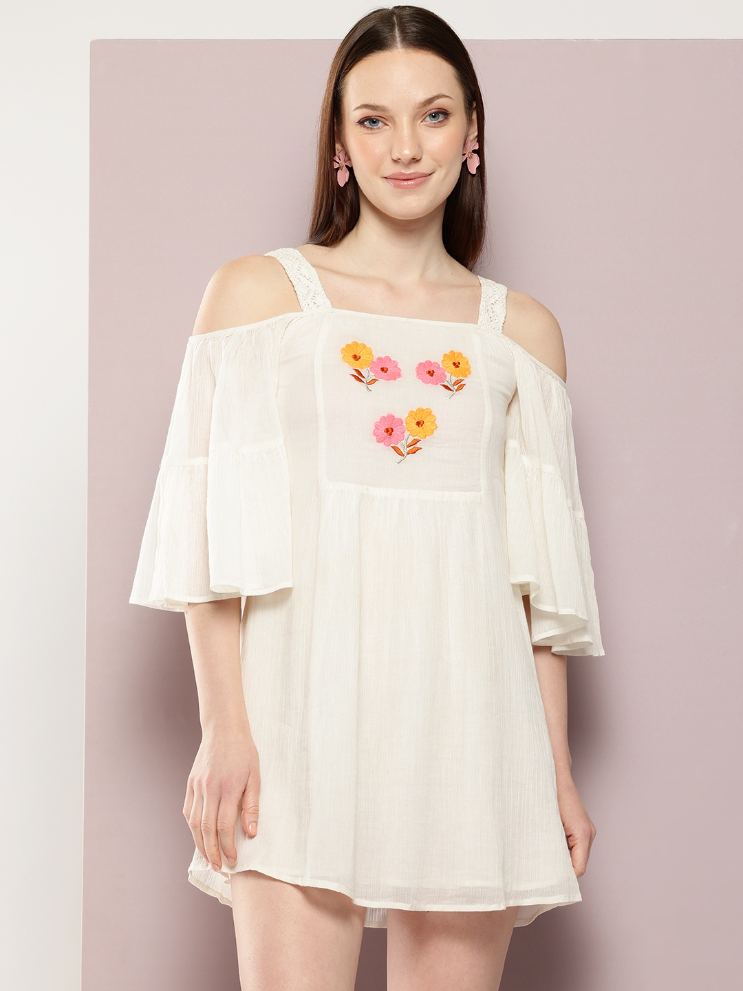 

aaliya Floral Embroidered Off-Shoulder Flared Sleeves Chiffon A-Line Mini Dress, White