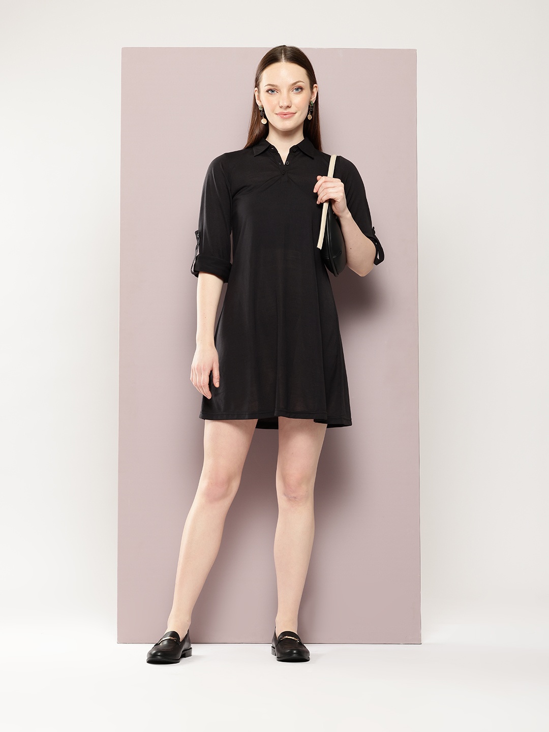 

aaliya Roll-Up Sleeves Shirt Mini Dress, Black