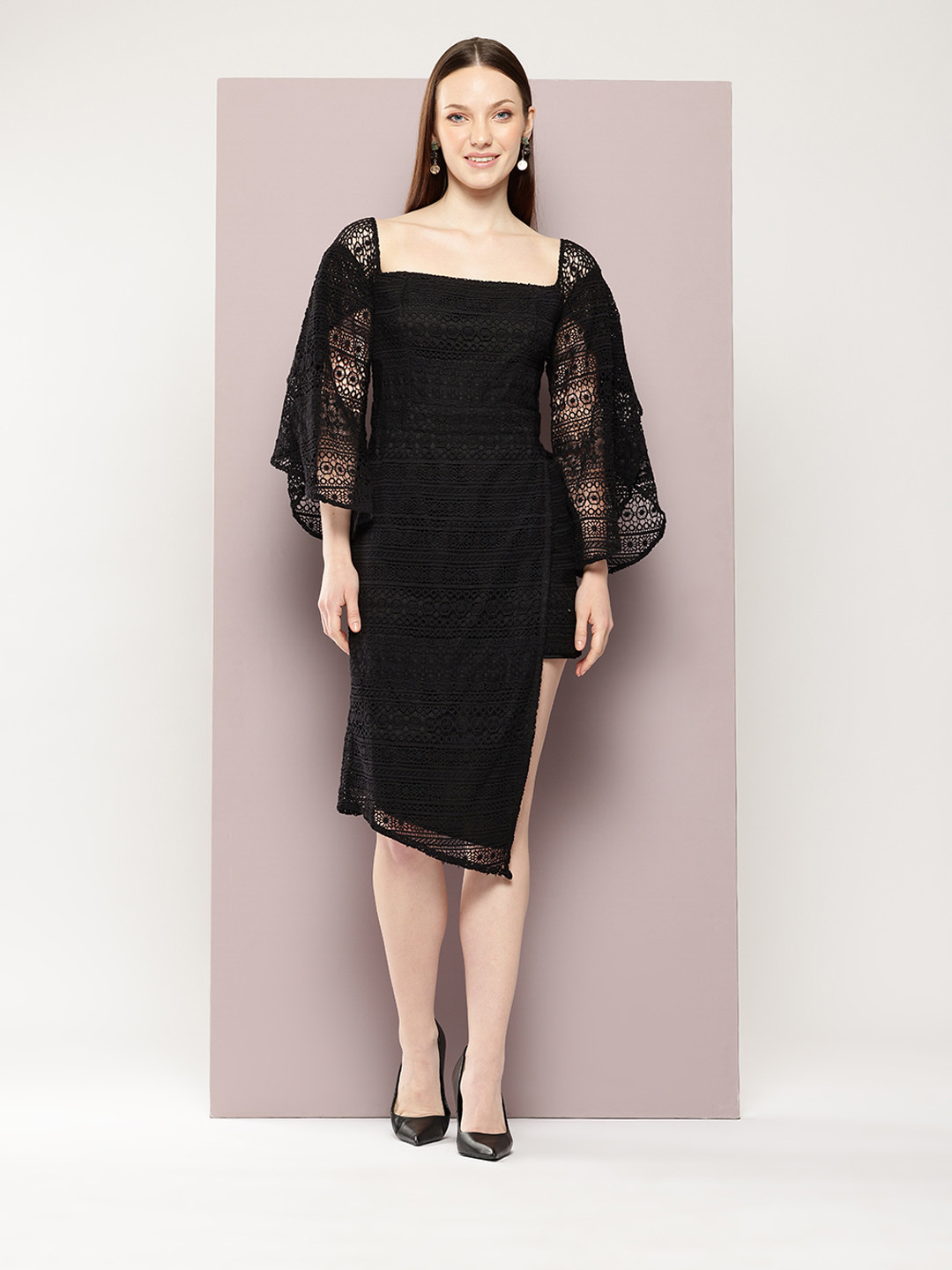 

aaliya Flared Sleeves Laced A-Line Dress, Black