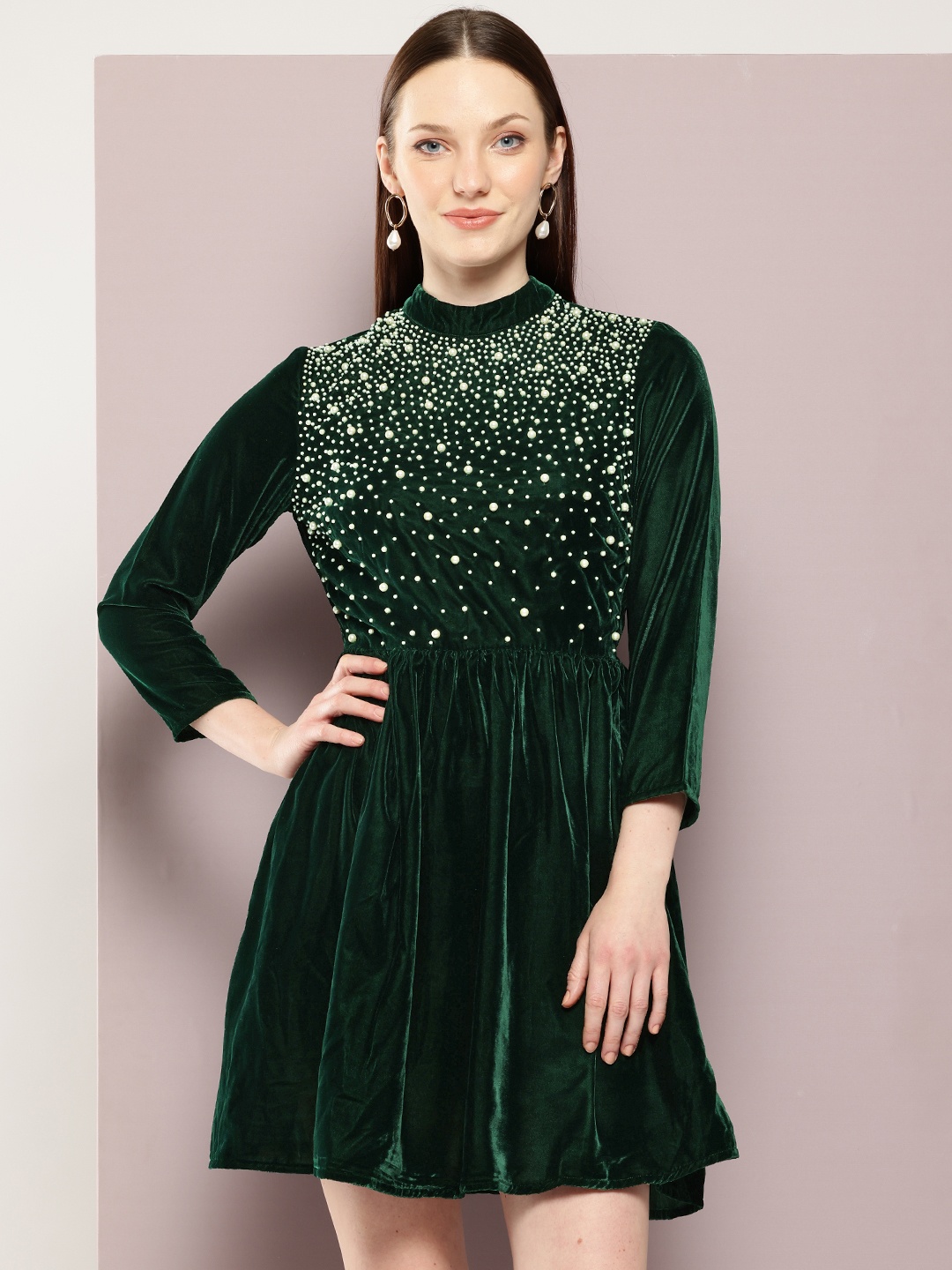 

aaliya Embellished Velvet Fit & Flare Mini Dress, Green