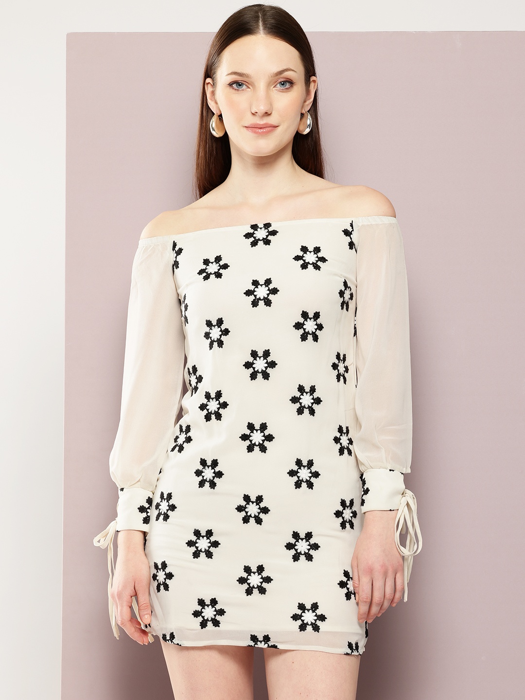 

aaliya Floral Embroidered Off-Shoulder Bishop Sleeves Georgette A-Line Mini Dress, White