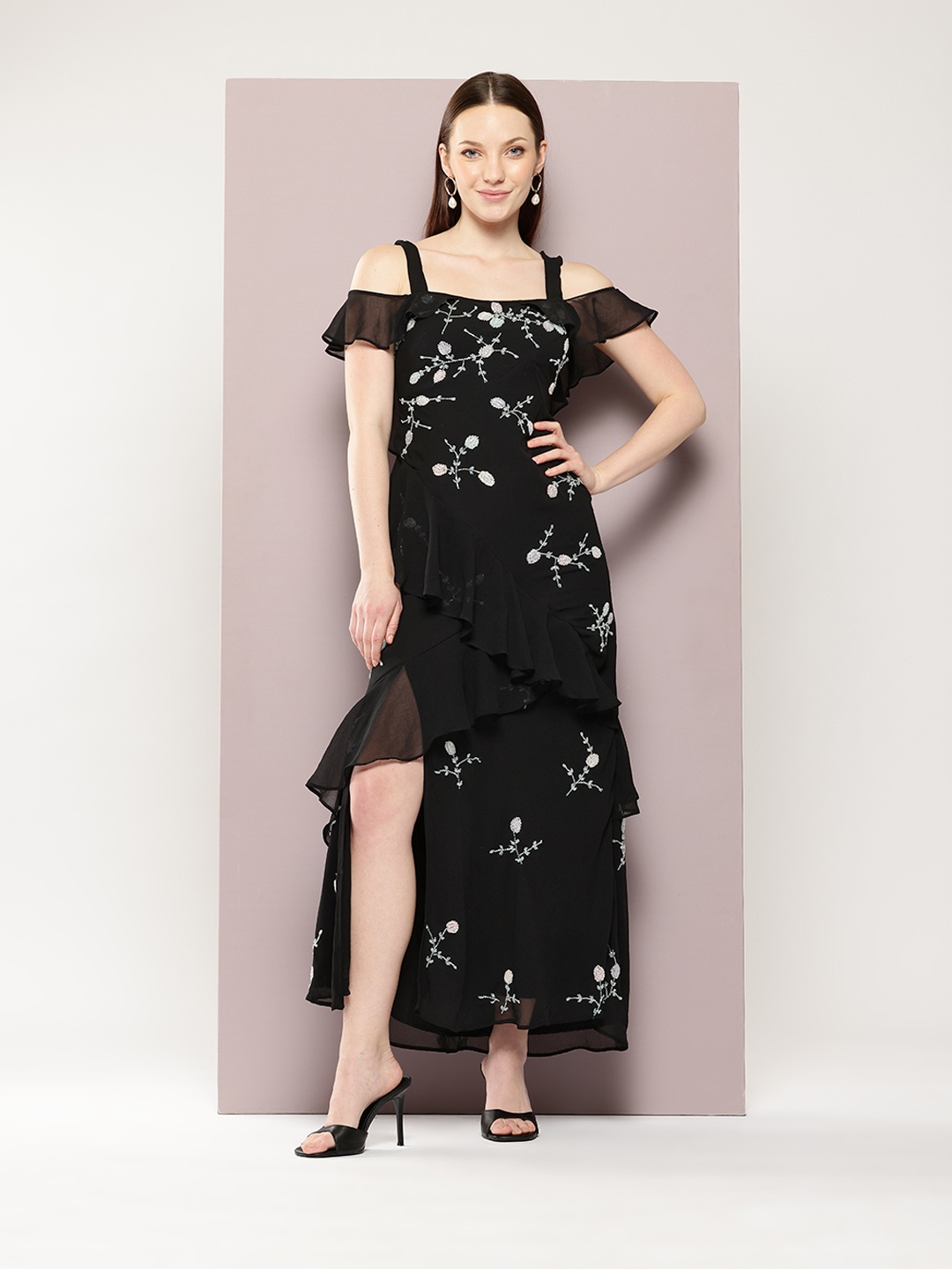 

aaliya Floral Off-Shoulder Flared Sleeves Ruffled Georgette Maxi Dress, Black