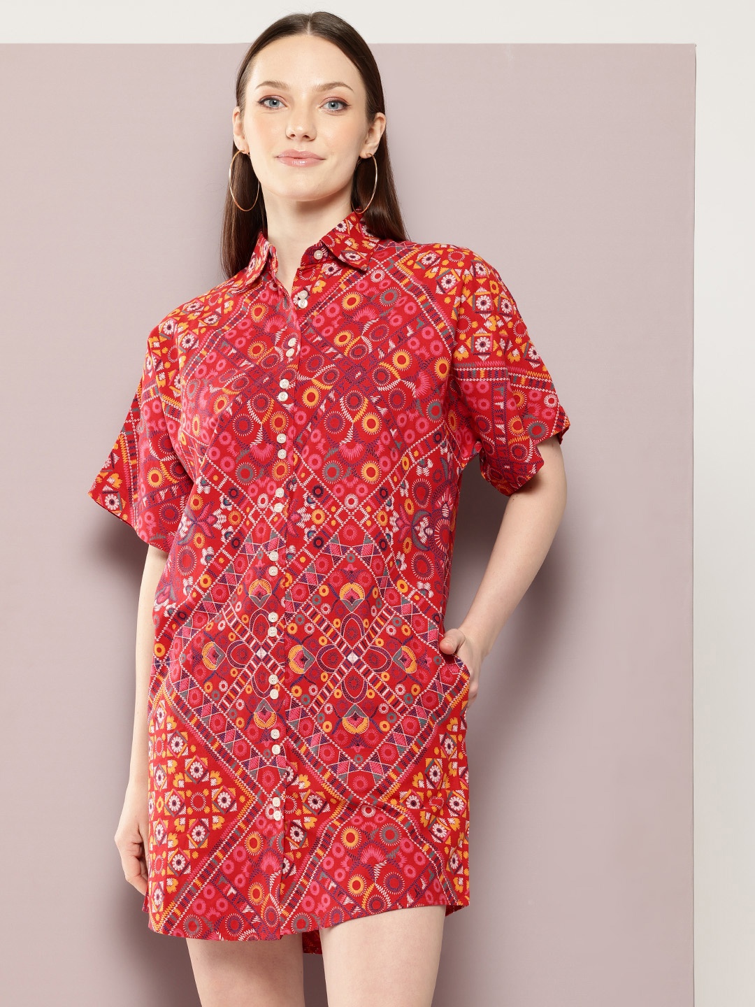 

aaliya Print Flared Sleeves Shirt Dress, Multi