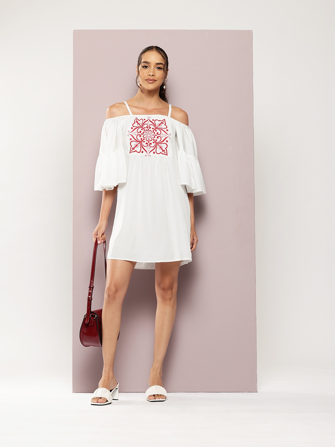 

aaliya Ethnic Motifs Embroidered Off-Shoulder Flared Sleeves Crepe A-Line Mini Dress, White