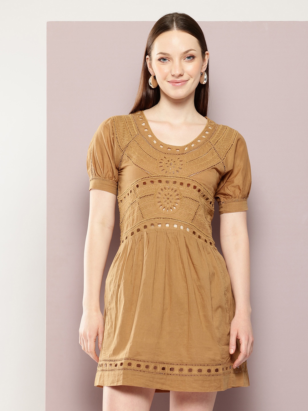 

aaliya Puff Sleeves Lace Fit & Flare Mini Dress, Brown
