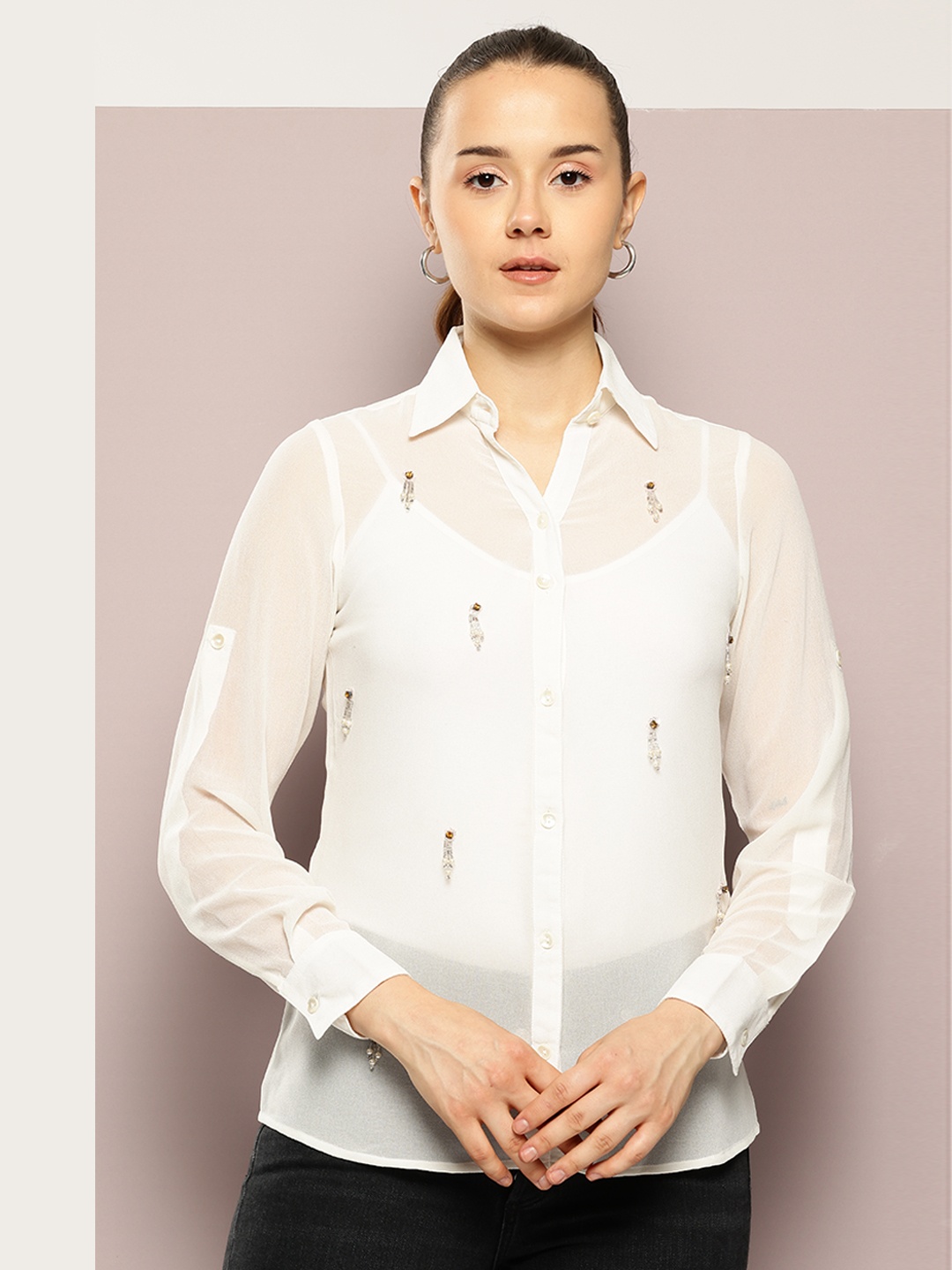 

aaliya Embellished Georgette Shirt Style Top, White