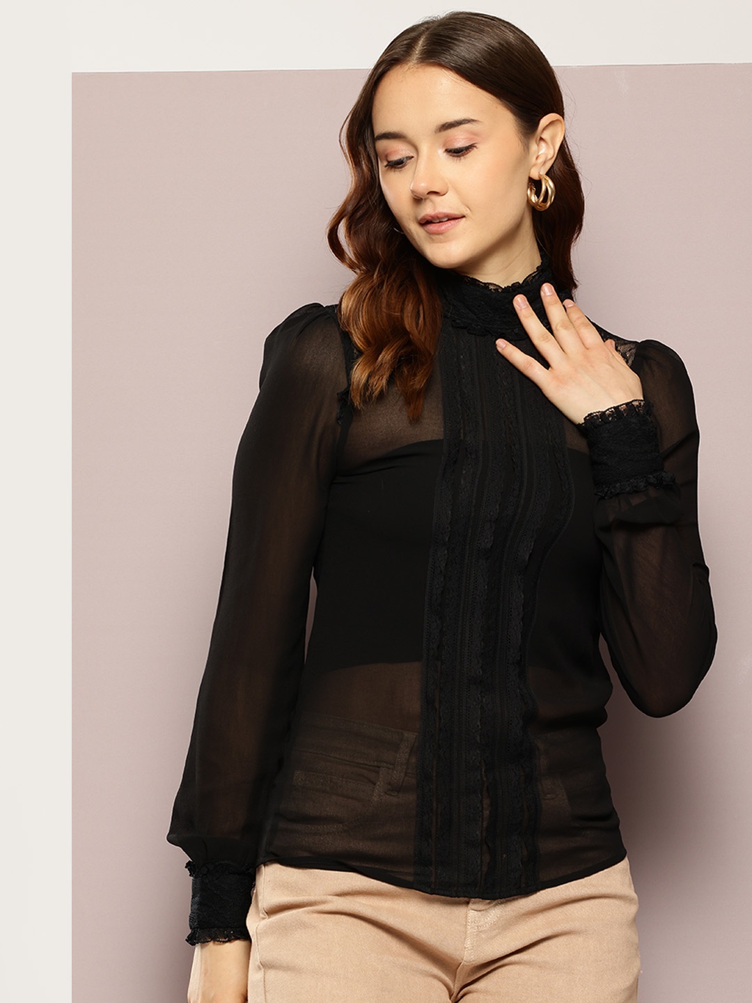 

aaliya Bishop Sleeves Georgette Top, Black
