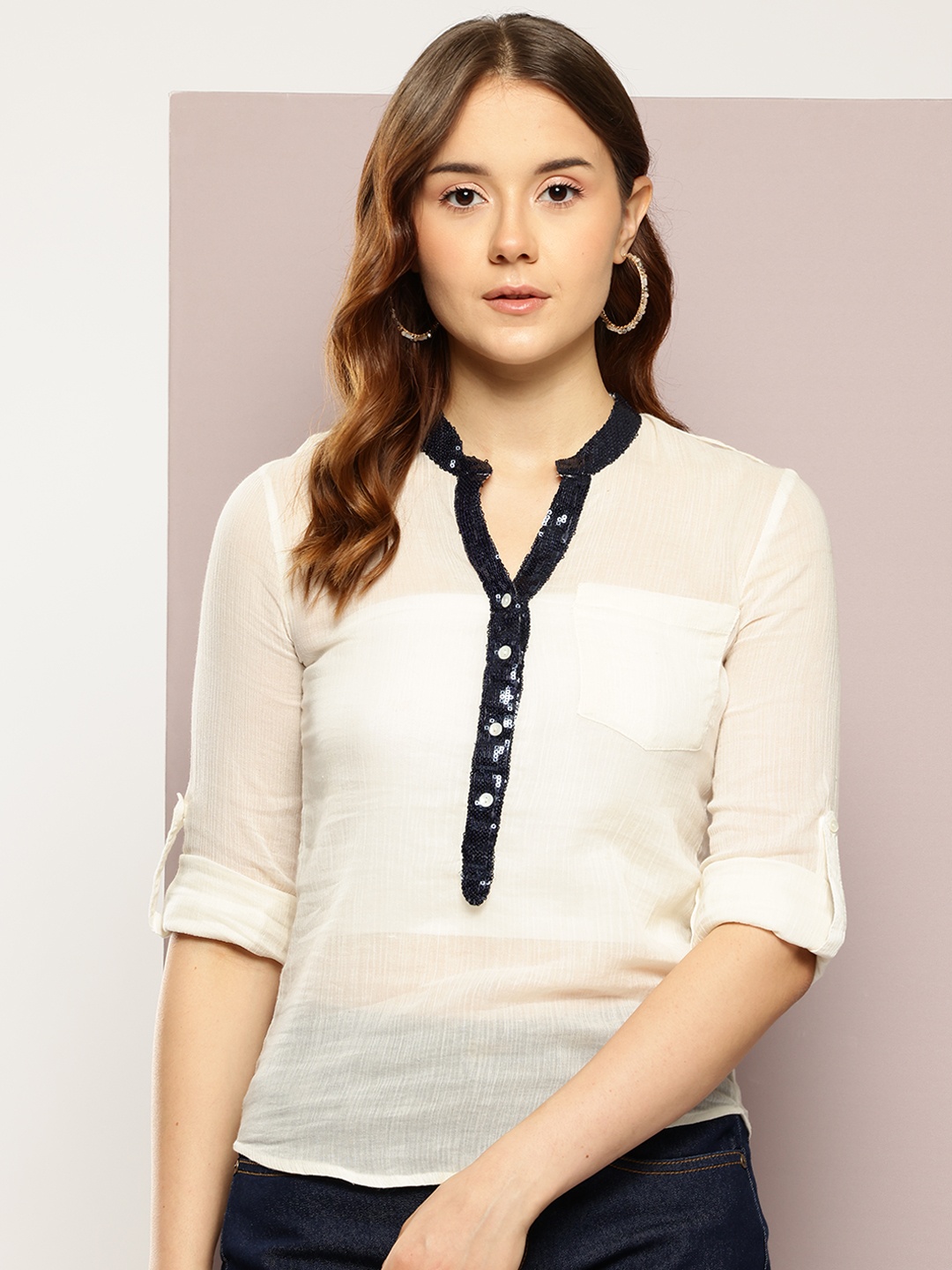 

aaliya Mandarin Collar Roll-Up Sleeves Cotton Chiffon Shirt Style Top, White