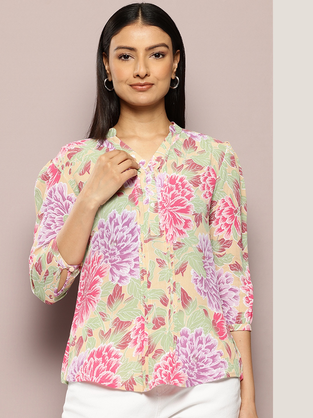 

aaliya Floral Print Mandarin Collar Georgette Shirt Style Top, Multi